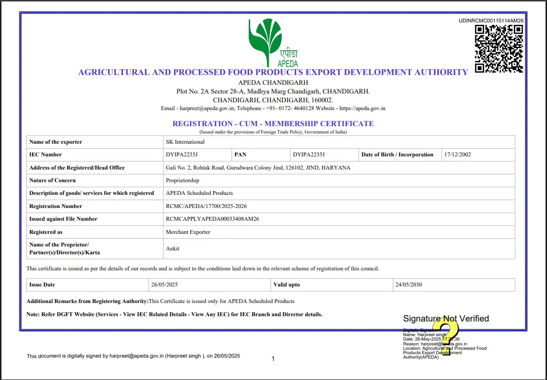 Registration Cum Memebership Certificate - SK International