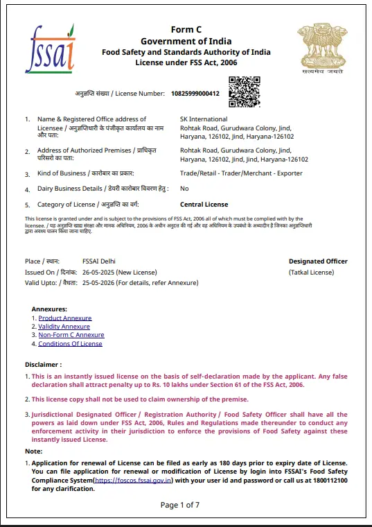FSSAI Certificate - SK International